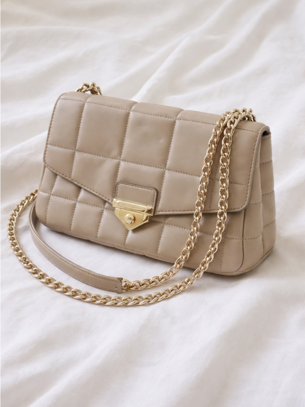 Michael Kors Quilted Shoulder Bag in Taupe with Gold Chain